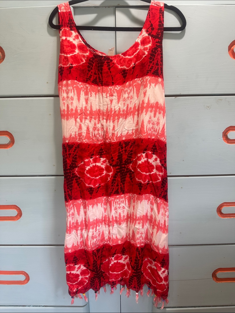 Red and White Tie-Dye Rayon Top with Fringe Hem